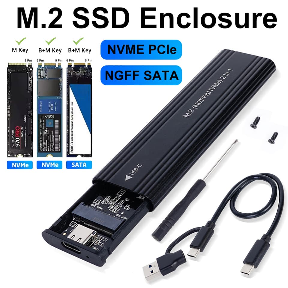 M.2 NVMe enclosure, a dual protocol M.2 to USB Type C SSD adapter supporting M and B&M keys.