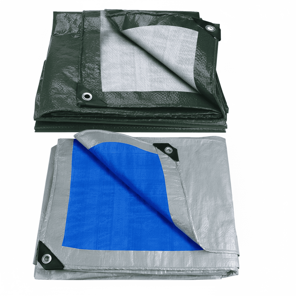 Tarpaulin, a blue waterproof sheet.