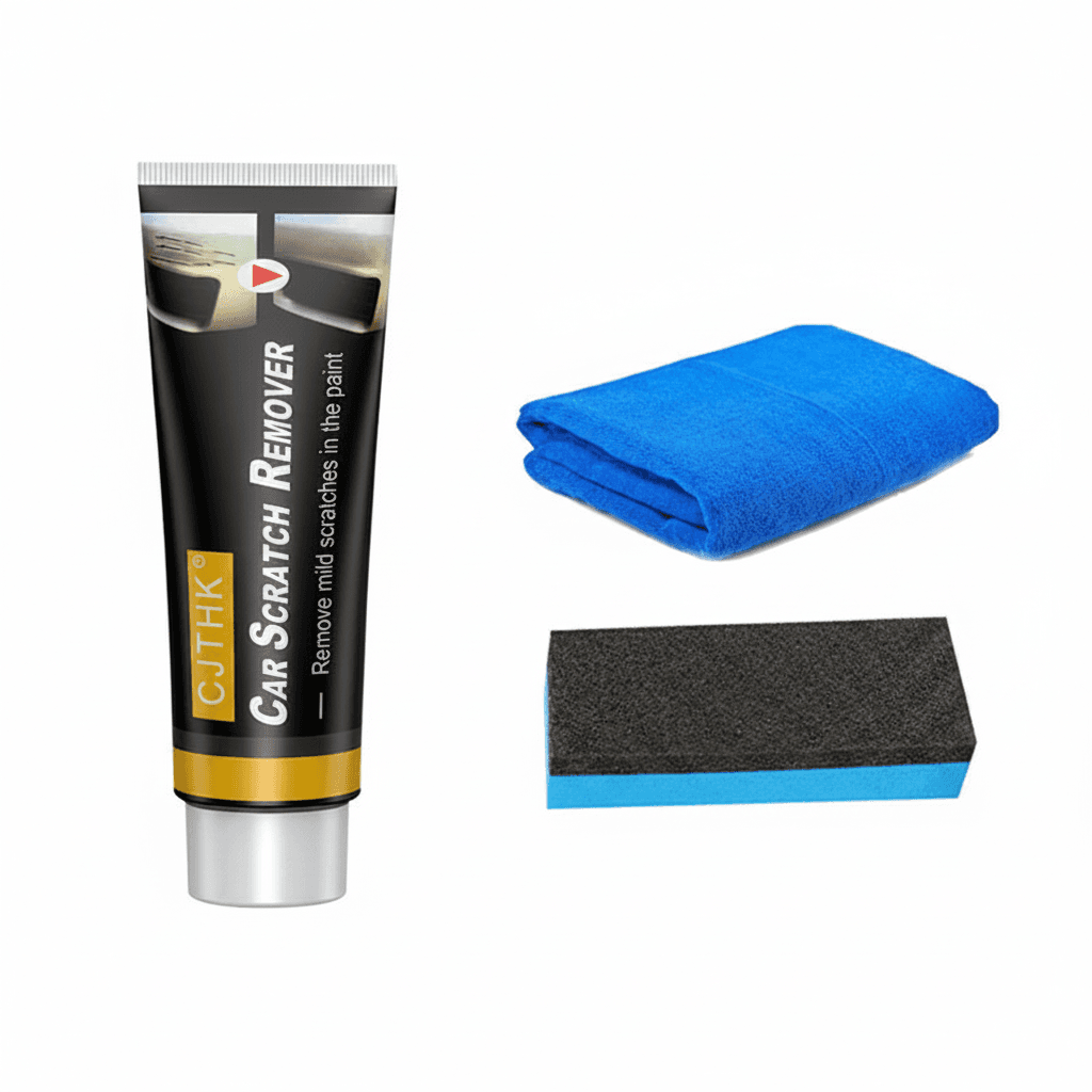 Car scratch remover wax and polishing compound for auto paint repair and surface restoration.