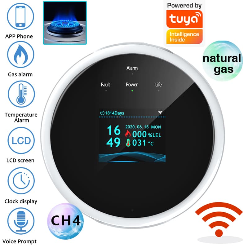 A white rectangular 2.4G WiFi gas sensor with a digital display, designed for detecting combustible gases.