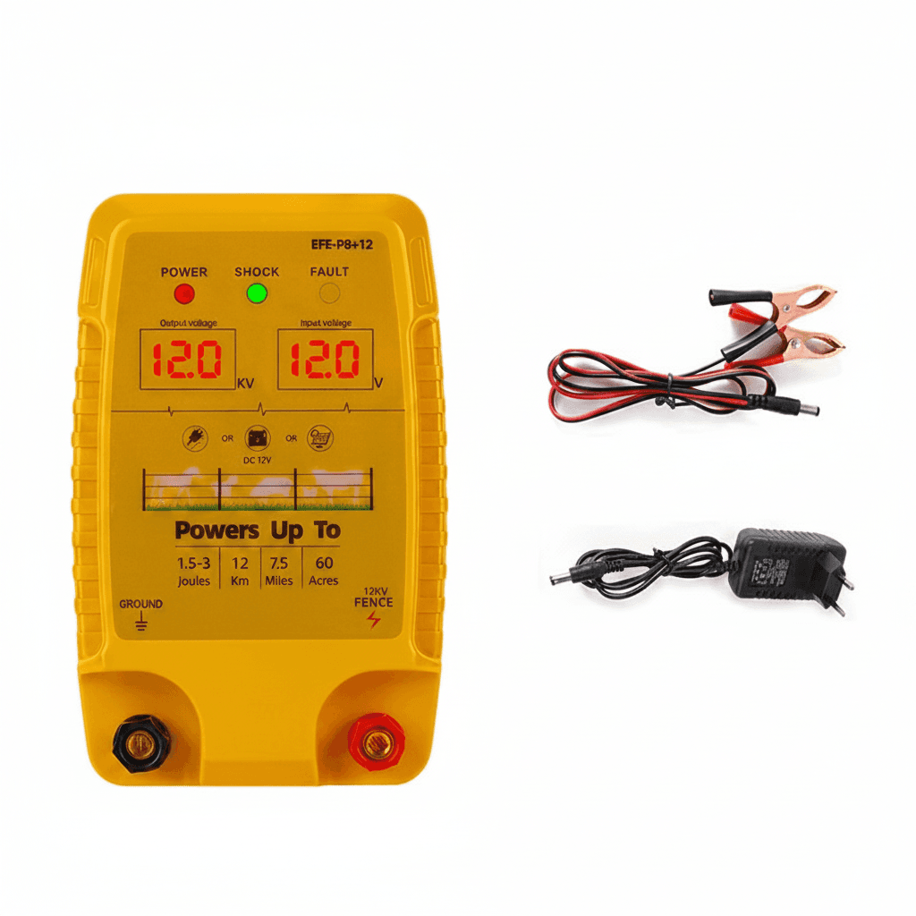 Electric Fence Energiser 5KM 2J, front view.