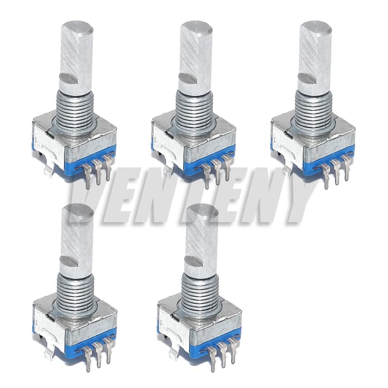 Five half/plum axis rotary encoder units, with handle lengths of 15mm or 20mm, functioning as digital potentiometers.