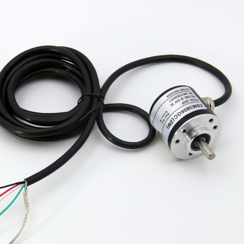A silver photoelectric incremental rotary encoder with a black cable and a metal shaft, designed for precise position sensing.