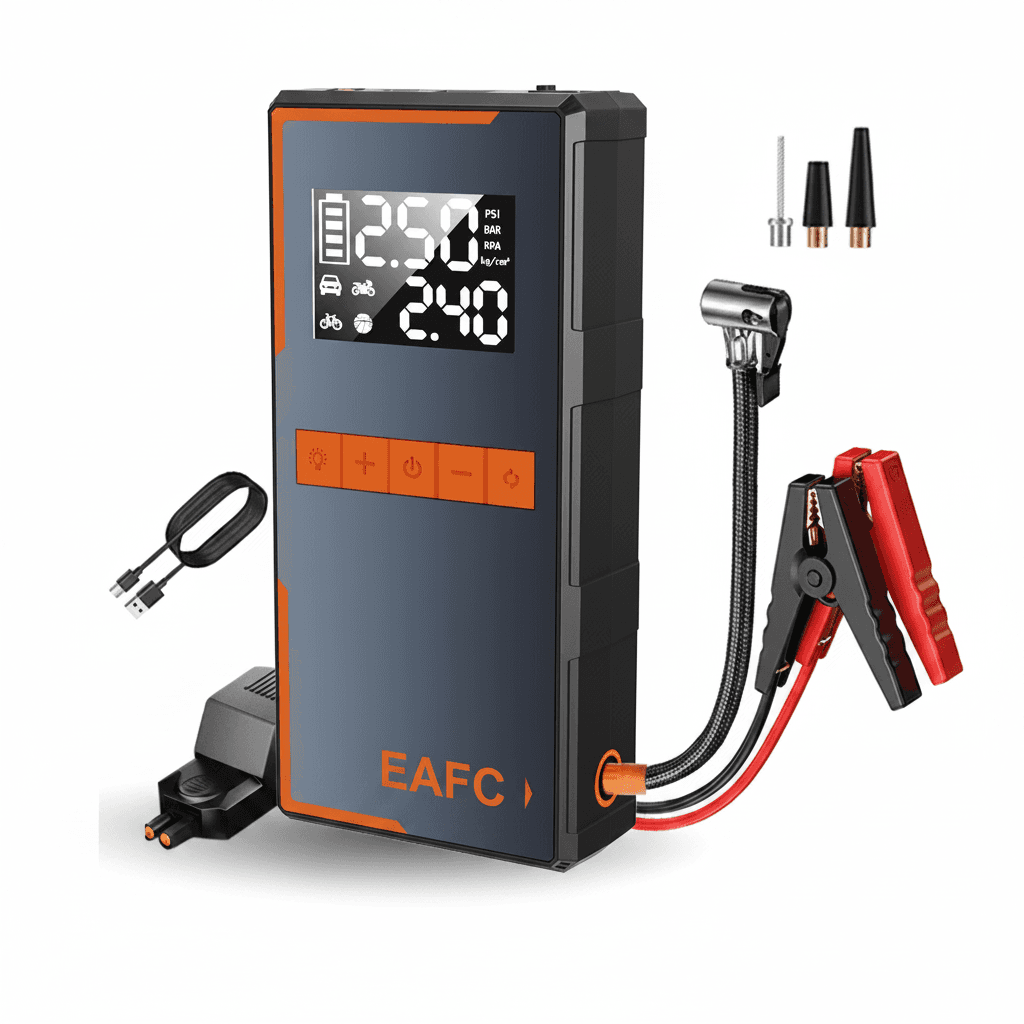 All-in-One Jump Starter & Tyre Inflator, front view.