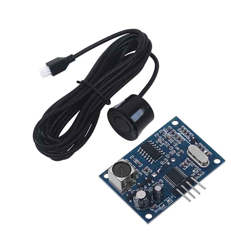 An AJ-SR04M waterproof ultrasonic sensor module, an integrated distance measuring transducer for Arduino.