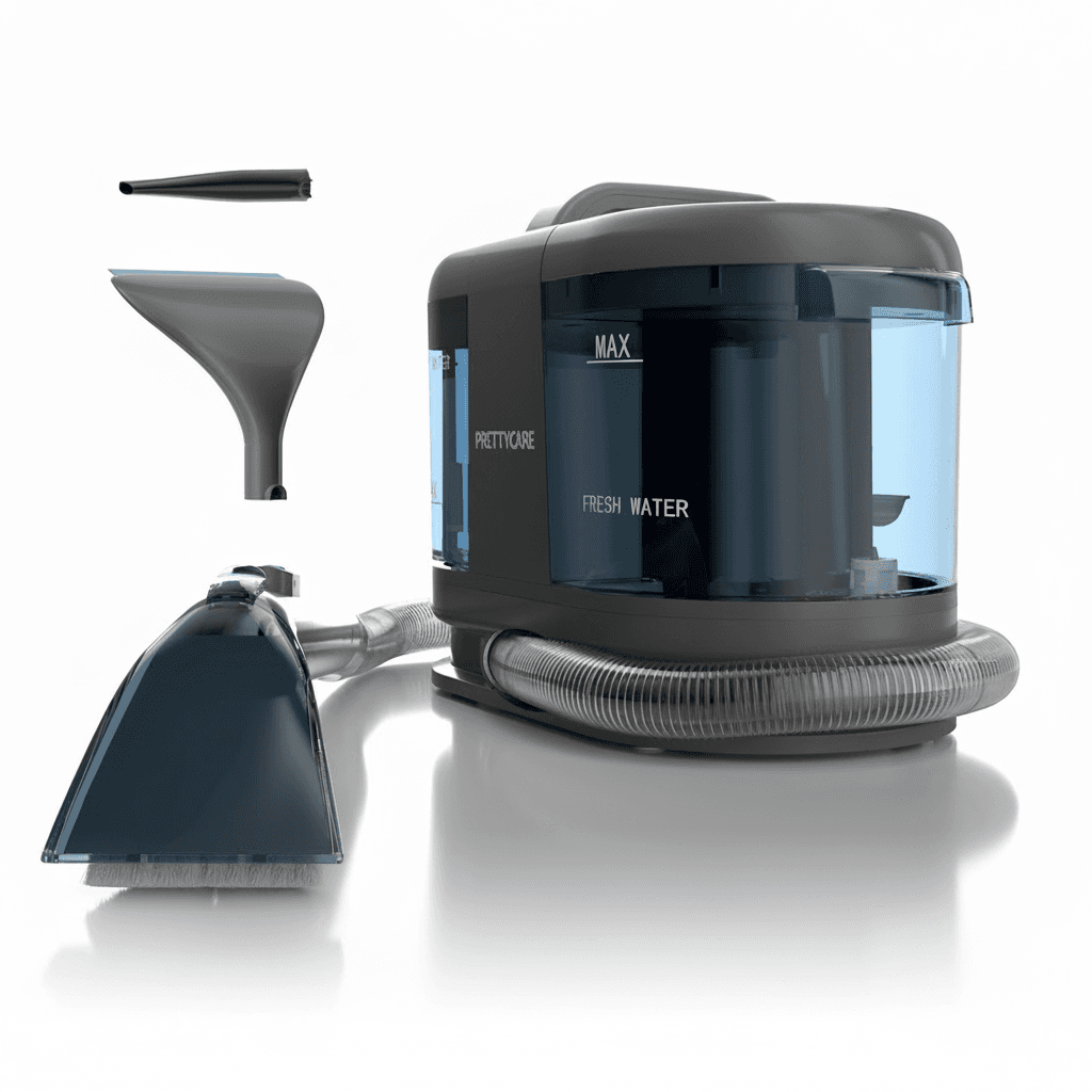 PrettyCare PC808 Carpet Cleaner with Spot Cleaner and accessories on white.