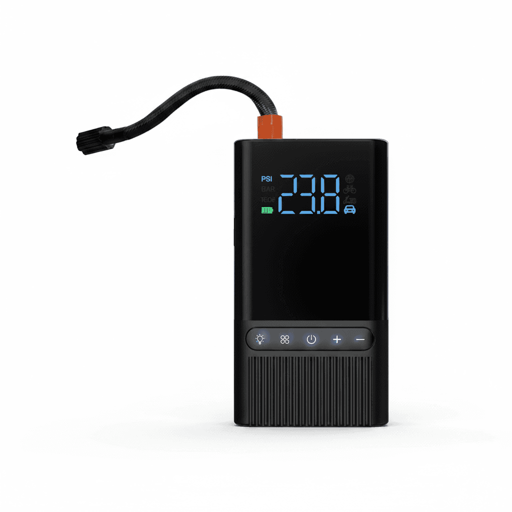 Digital tyre inflator for car, front view.