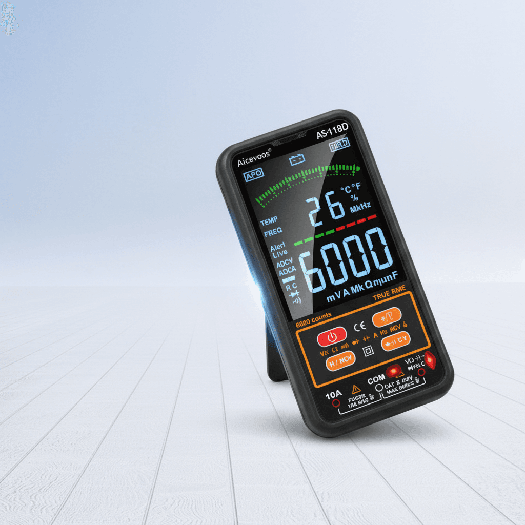 Digital Multimeter TRMS, a black and red handheld device.