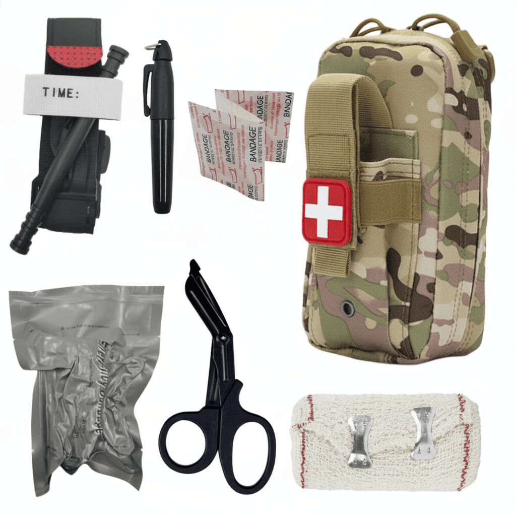 Molle First Aid Kit, closed, showing its compact size and Molle straps.