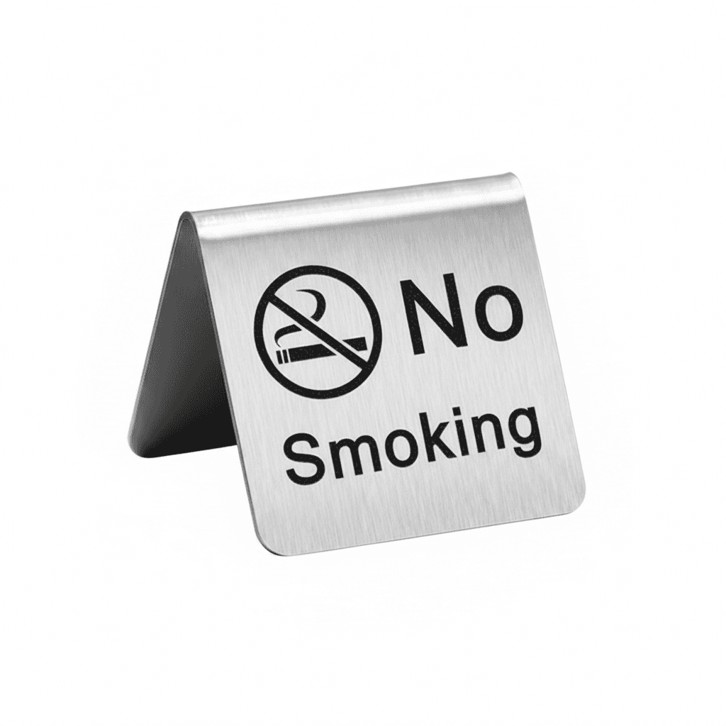 No Smoking Sign, a rectangular white sign with a red circle and crossed cigarette.