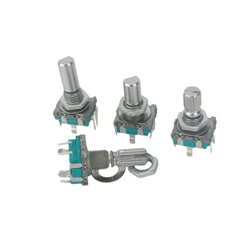 A lot of five EC11 rotary encoder units, featuring half or plum blossom shafts and 15mm/20mm handles.