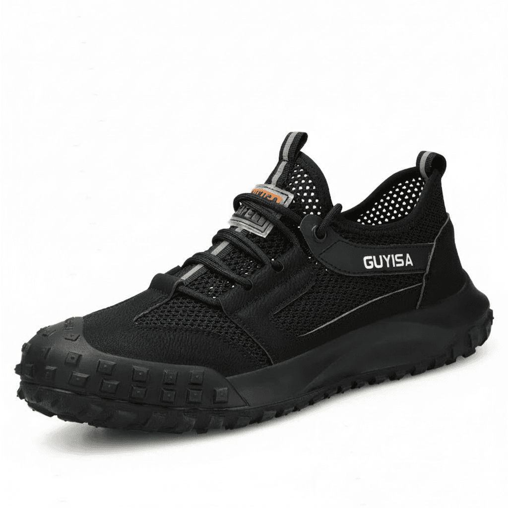 Steel Toe Cap Mens Boots, a pair of black work boots.