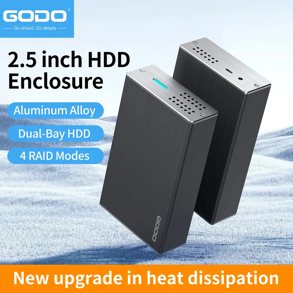 A black dual-bay hard drive enclosure with two drives inserted, showcasing its USB 3.0 connectivity and RAID support.