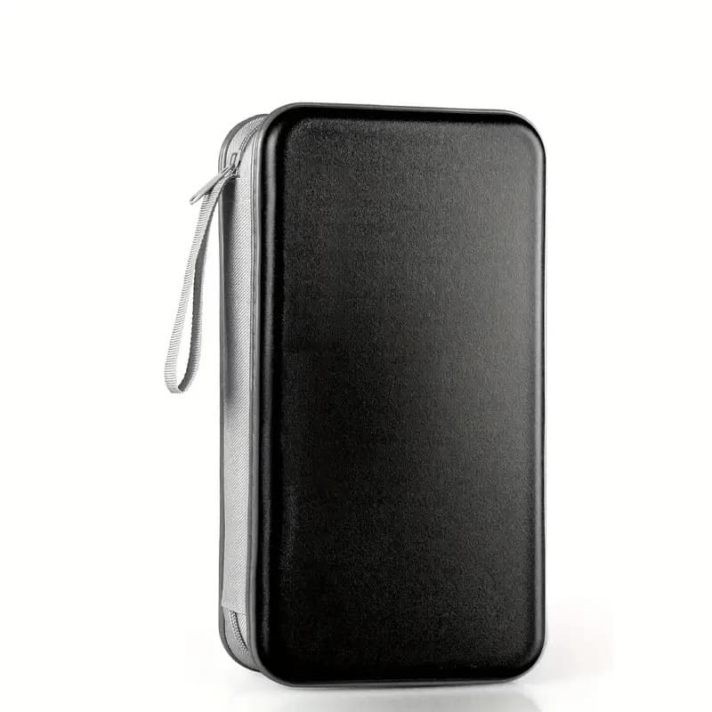 A portable black CD holder with 96 capacity, functioning as a protective CD wallet for car and travel.