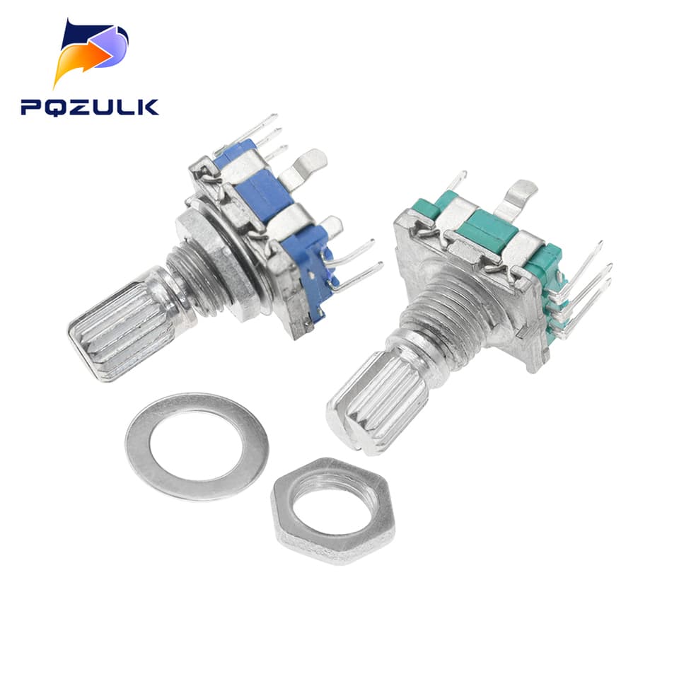 A set of five 20-position incremental 360 rotary encoder knobs with push buttons, EC11 type.