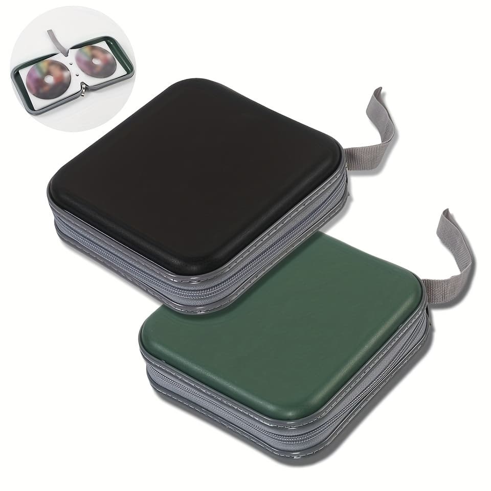 Durable black 40-capacity CD wallet with a zipper, ideal for car, home, or travel storage.