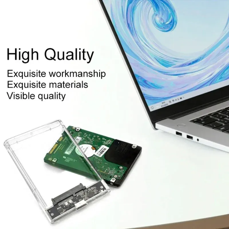 A transparent USB3.0 external hard drive enclosure, offering 5-6 Gbps for 2.5 inch SATA HDD SSD storage, ideal for laptops.