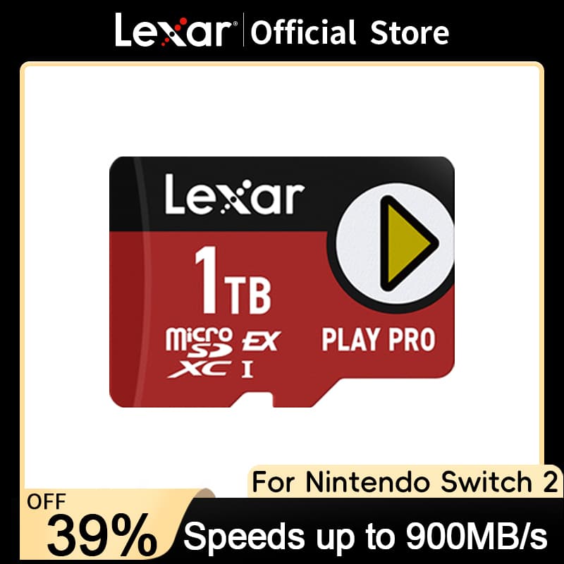 A Lexar Play PRO MicroSD Express card, designed for 4K video and game consoles like Nintendo Switch 2.