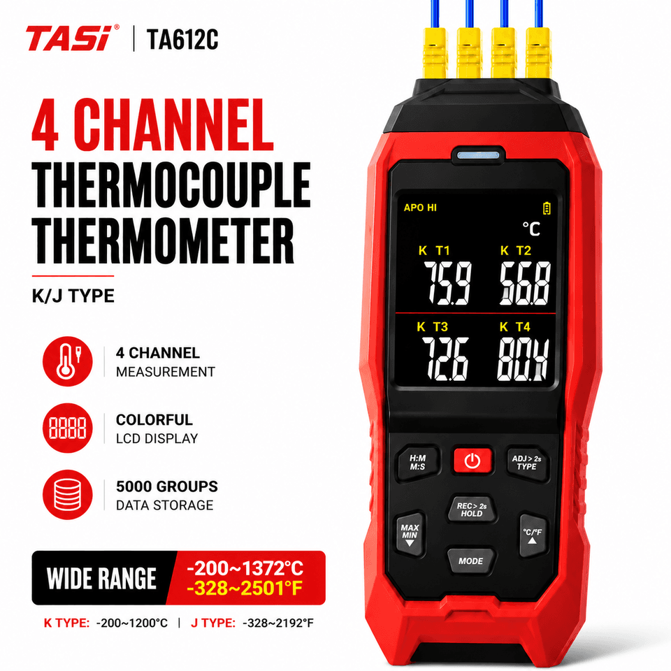 4-Channel K/J/T Type Thermocouple Thermometer Digital Data Logger for industrial temperature testing.