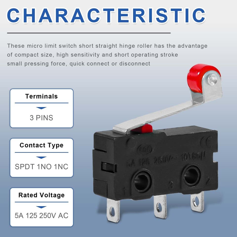 Micro limit switch with long straight hinge lever arm, 1NO 1NC SPDT 3-pin, AC 5A 125V 250V.
