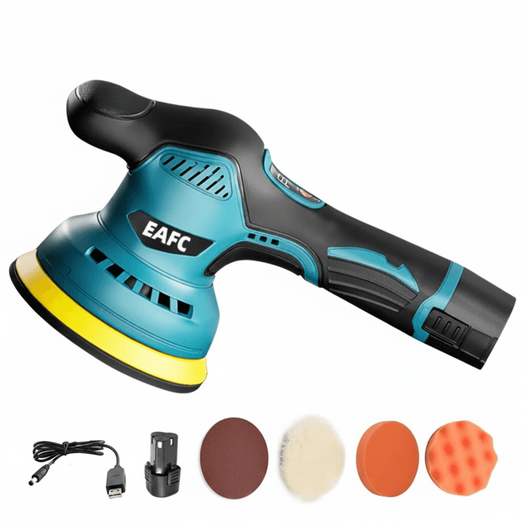 A 12V electric car polisher, 5-inch wireless auto waxing machine with sponge and wool pads for car detailing.