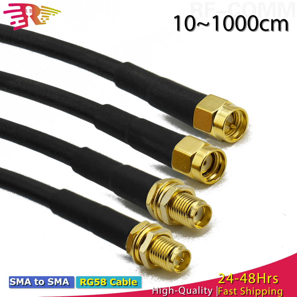 A black RG58 SMA Male to SMA Female 50ohm coaxial sensor cable, coiled neatly on a white background.