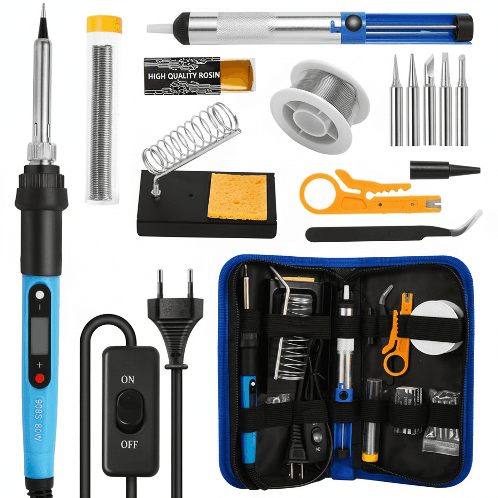 80W LCD Digital Soldering Iron Kit: A collage of various tools and accessories included in the kit.
