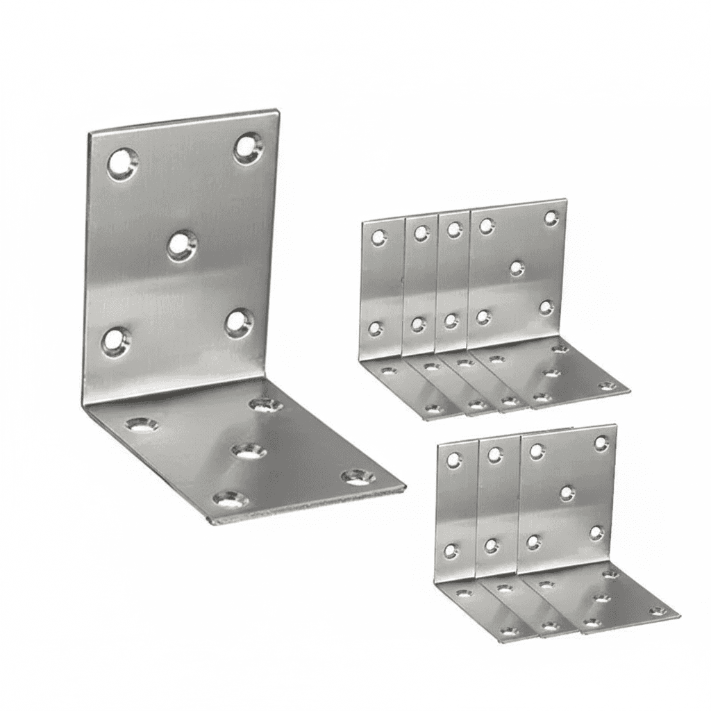 8Pcs Angle Brackets, a set of eight metal L-shaped brackets.