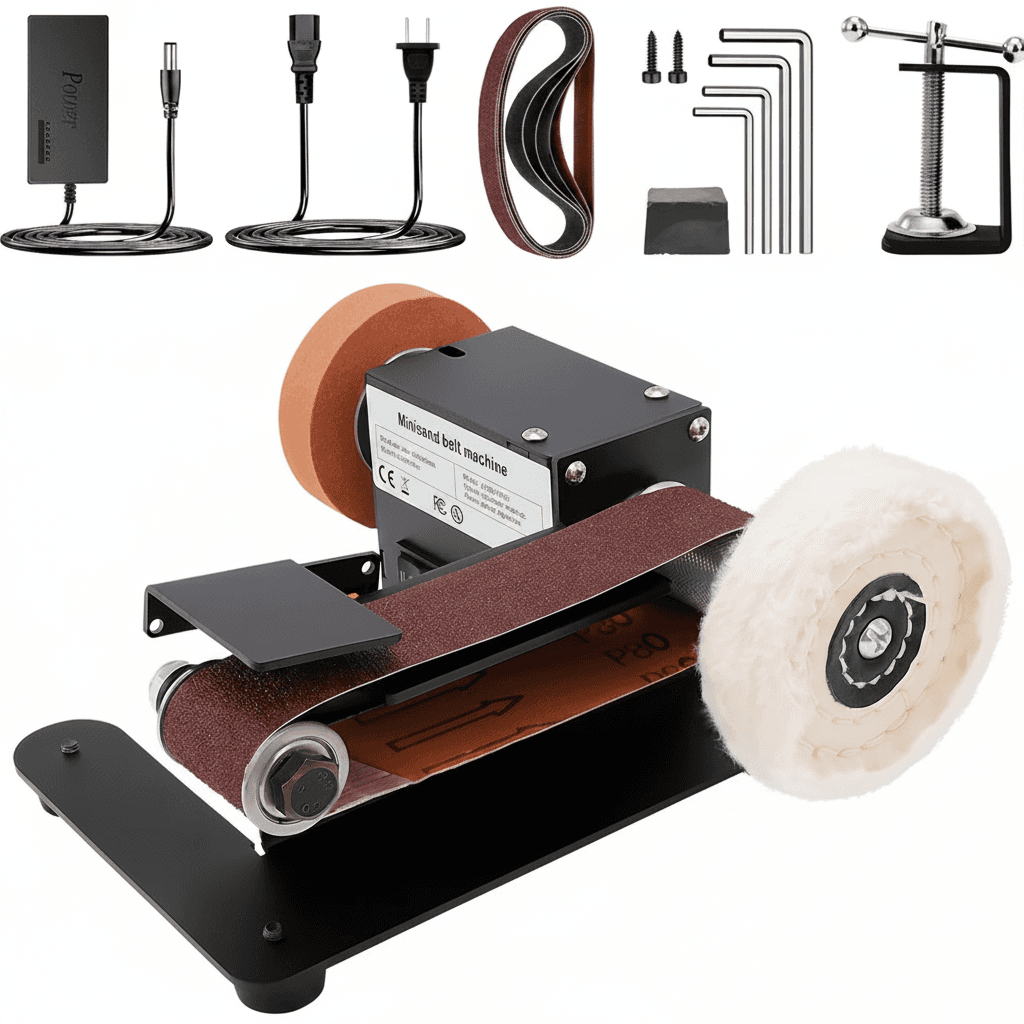 A 350W stationary belt sander with an adjustable angle and ten sanding belts.