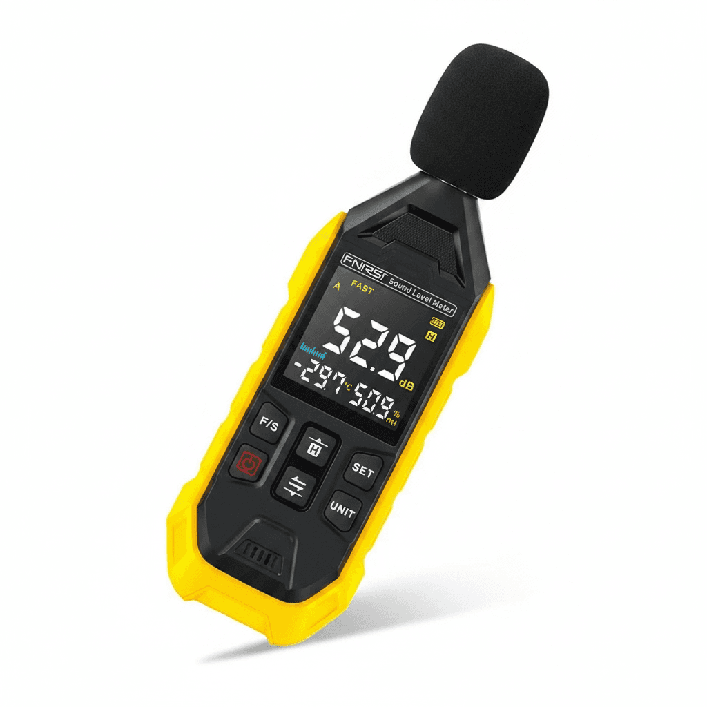 FNIRSI FDM01 Decibel Meter, a compact black device with a screen.