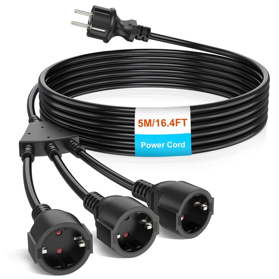 An EU pull ring plug extension cord with expansion socket, 4000W, 16A, 250V, IP44 waterproof, ideal as an outdoor extension lead.