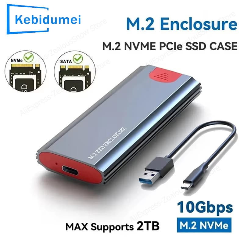 Portable external ssd enclosure for M.2 NVMe SSDs, 10Gbps USB-C, tool-free design with a heat sink pad.