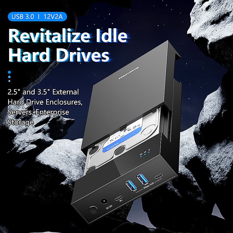 A 2.5/3.5 inch hard drive enclosure with USB 3.0 HUB and Type-C to SATA adapter, supporting up to 18TB.