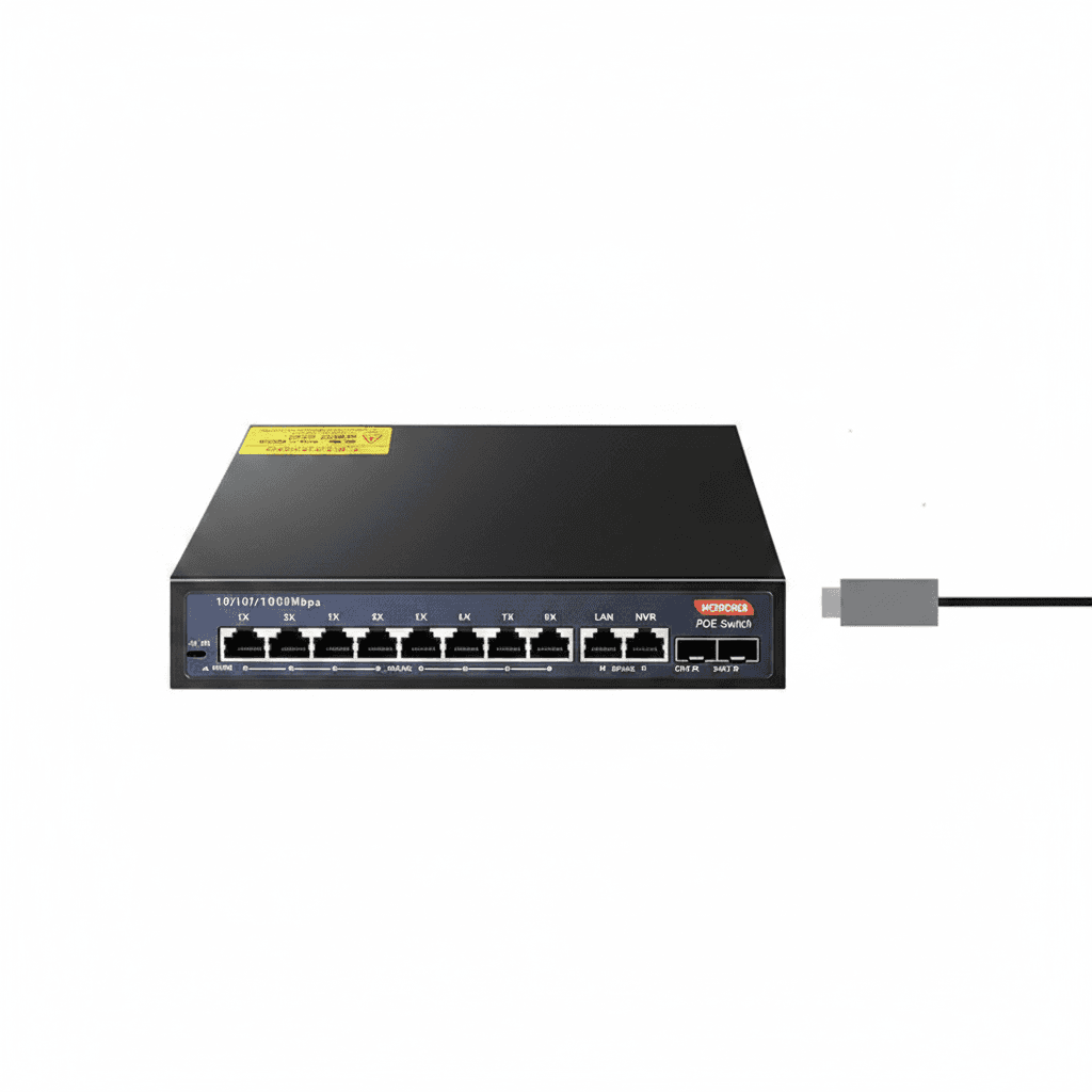 12-Port Gigabit PoE Network Switch, front view with ports.
