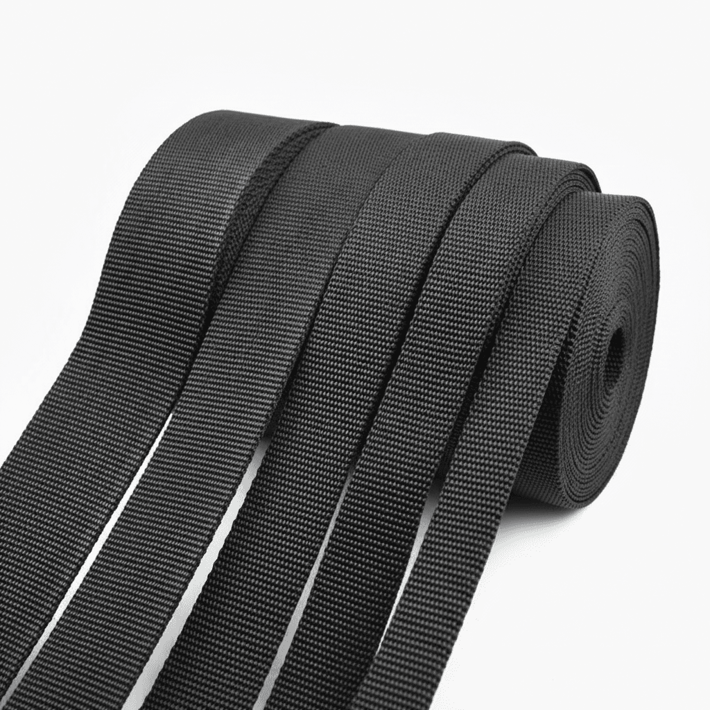 Webbing strap product with brand logo on a light woven basket background.