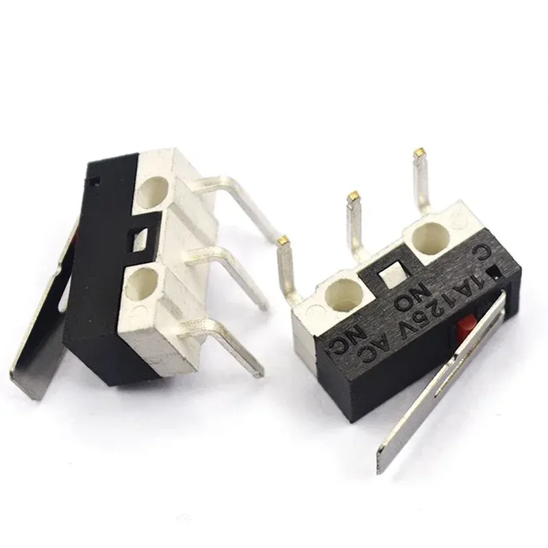 Mini micro limit switch, C NO NC 3 pins, PCB terminals, SPDT 1A 125V, roller arc lever.