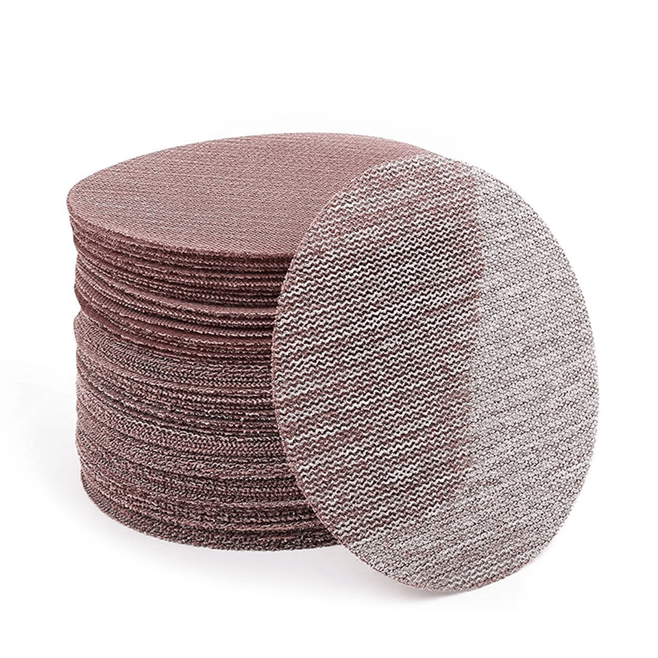 A pack of 50 six-inch (150mm) mesh abrasive sanding discs, 40-800 grit, hook and loop for a drywall sander.