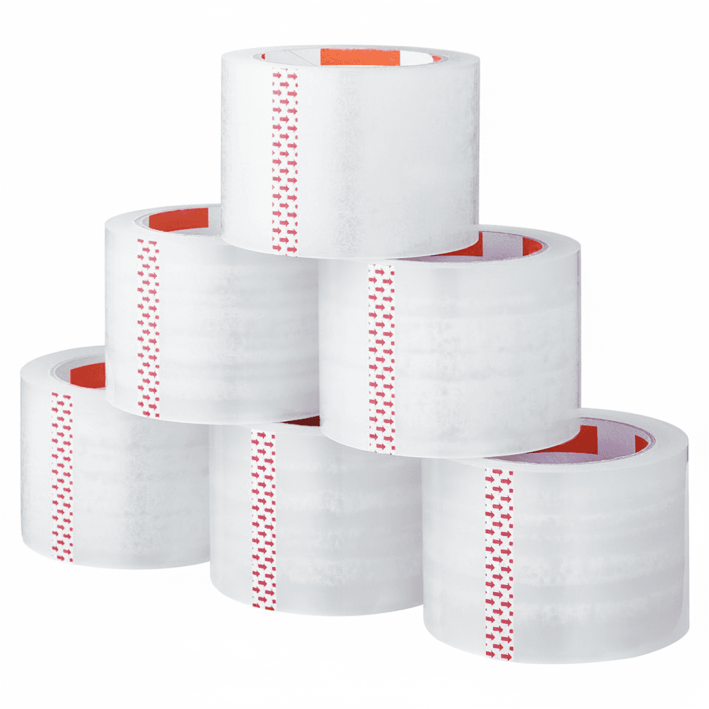 Clear packing tape, a single roll ready for use.