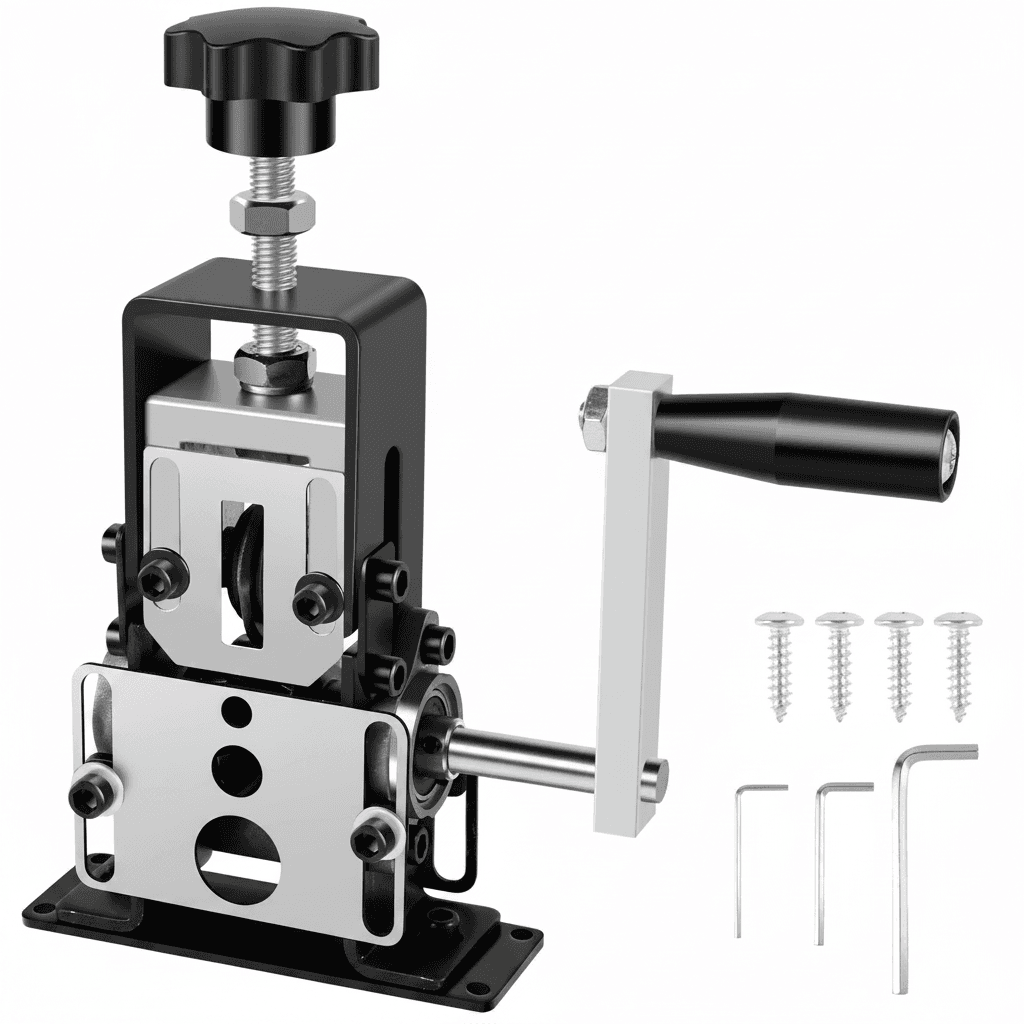 Premium Professional Cordless Drill Driver with wire stripper function, shown with text overlay and accessories.