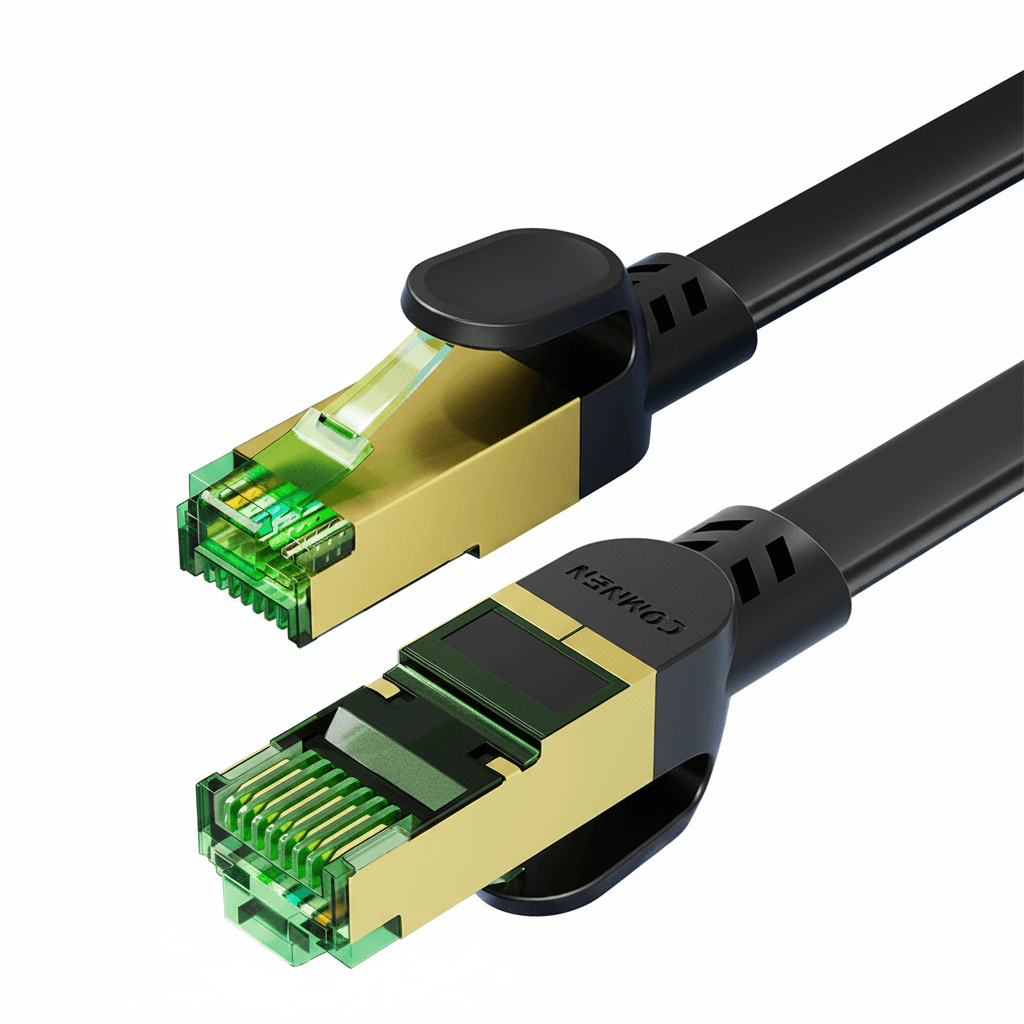Cat8 Flat Ethernet Cable, a black flat cable with gold connectors.