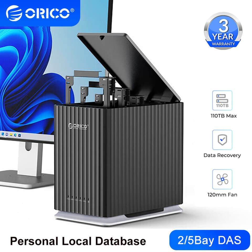 Five-bay hard drive docking station for 2.5 and 3.5 inch SATA drives.
