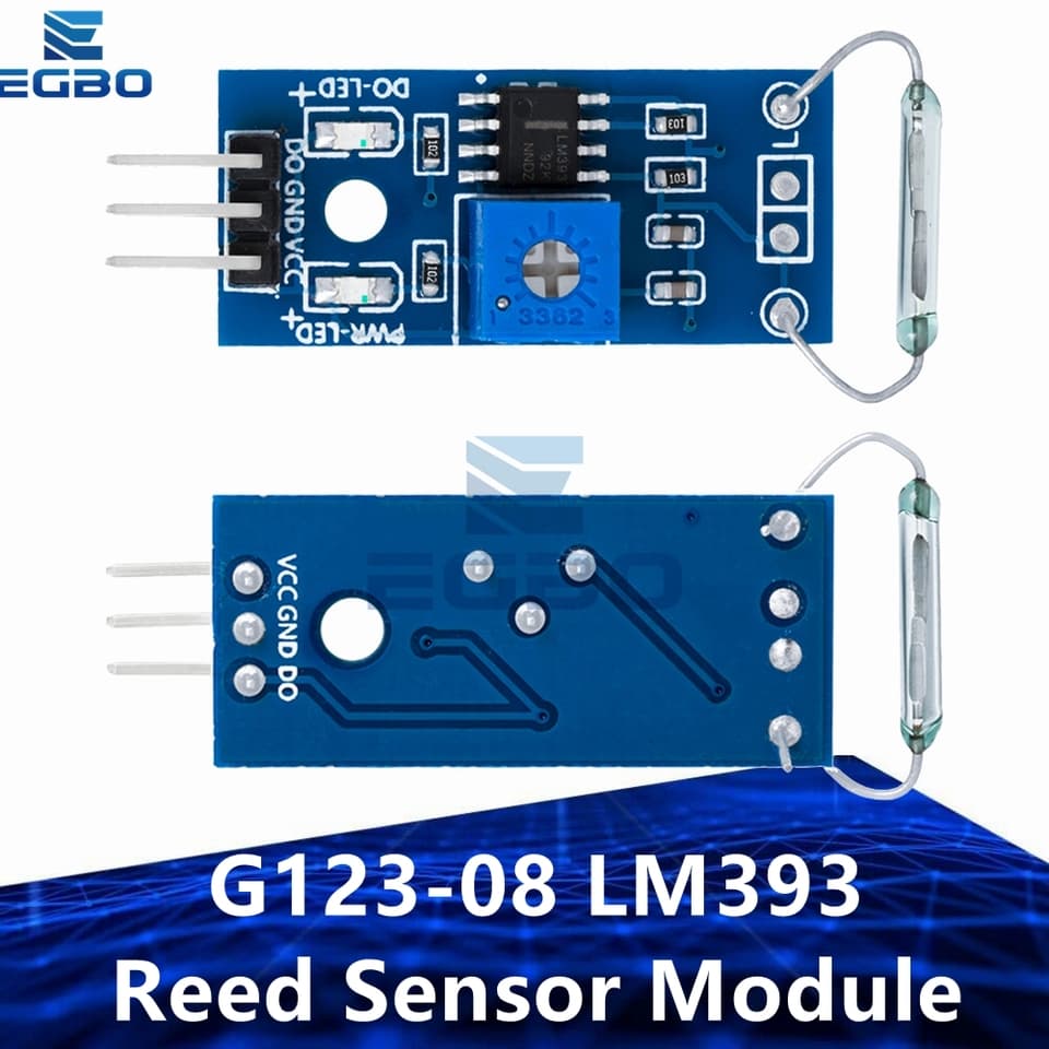 A G123-08 LM393 reed switch module, featuring a magnetic sensor for Arduino DIY kits, shown with its components.