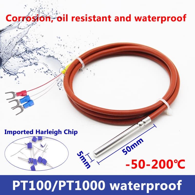 A waterproof PT100 sensor, RTD probe with platinum resistance detector and high precision silicone cable.