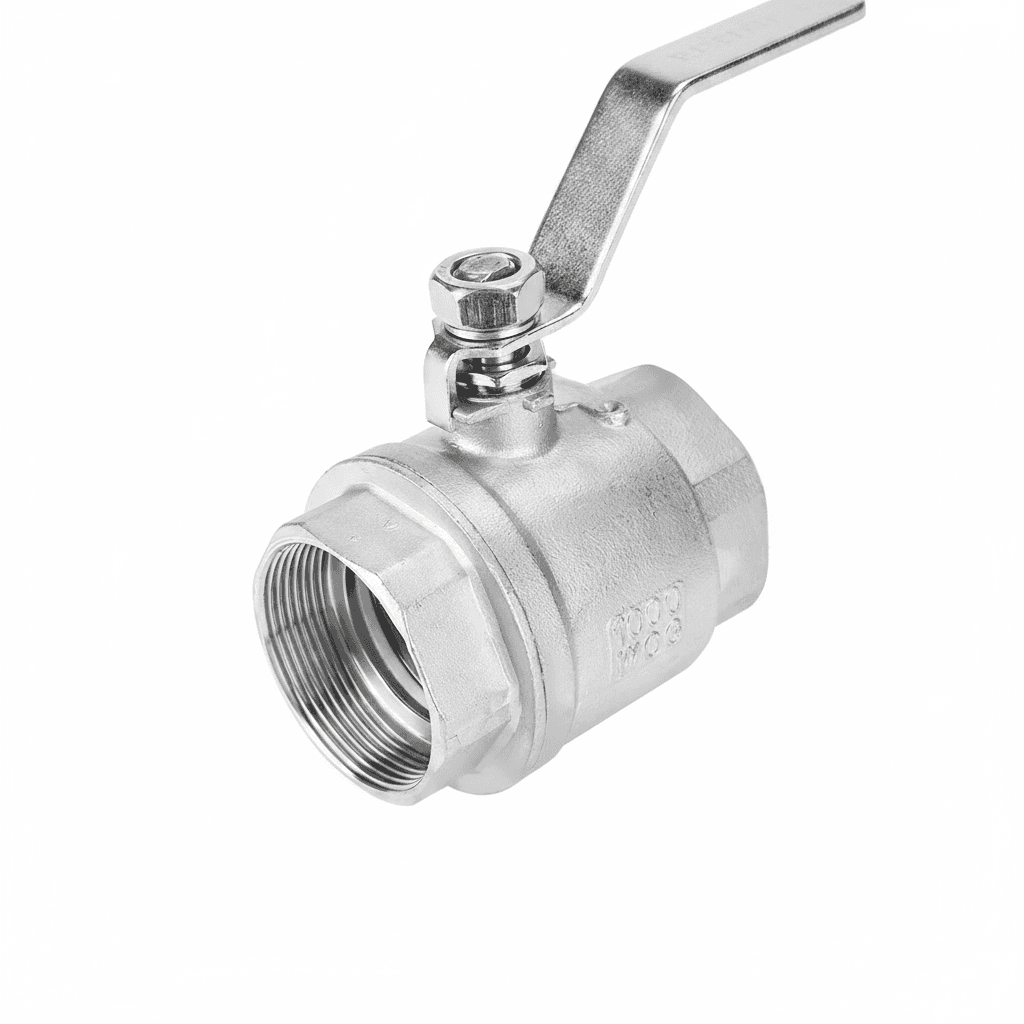 Stainless 304 Steel 2" DN50 Ball Valve on white, with molded English text.