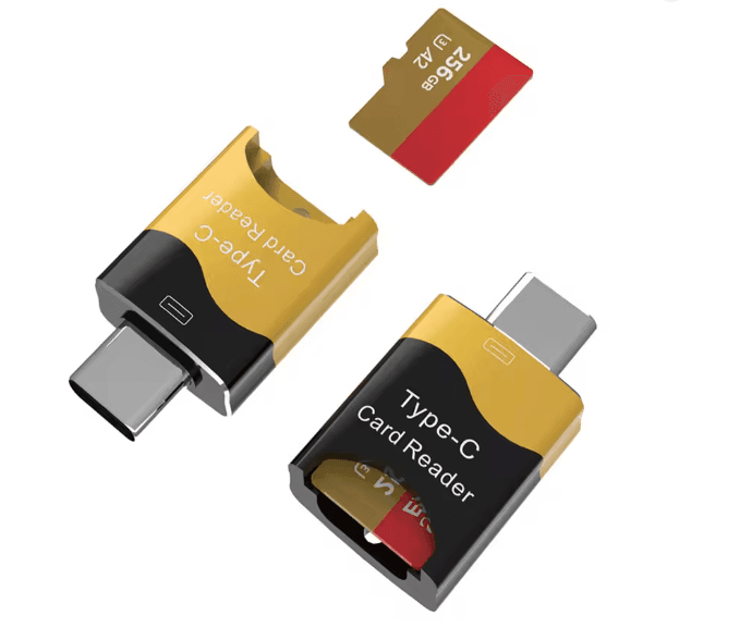 Aluminum alloy Type-C SD card reader with hidden card slot, plug-and-play for Huawei, iPad, Macbook.