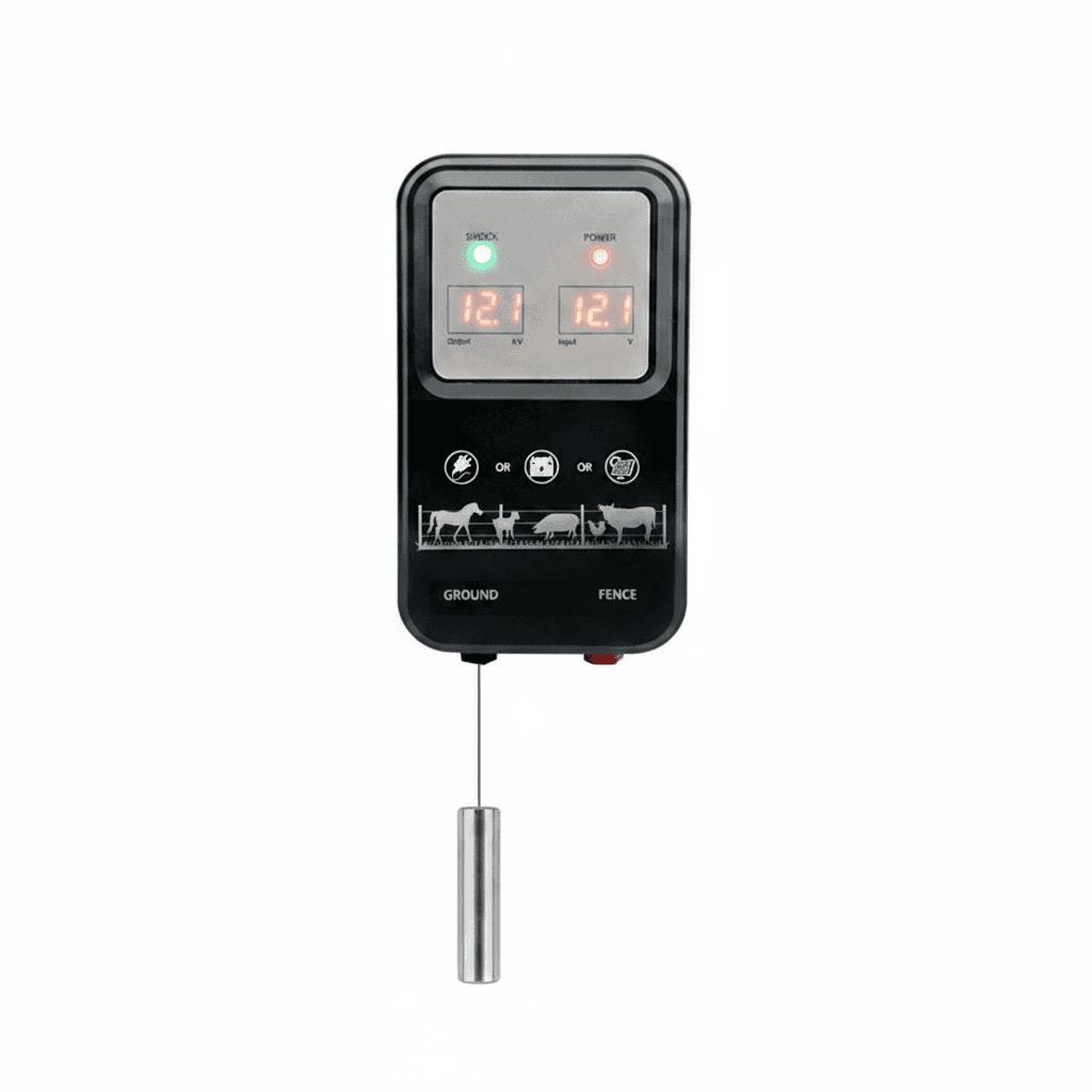 Electric fence energizer, a standalone unit.
