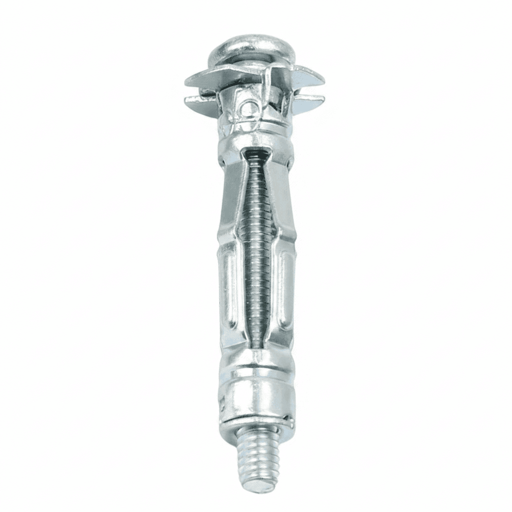 Plasterboard fixings, 100pcs pack, one held in hand.