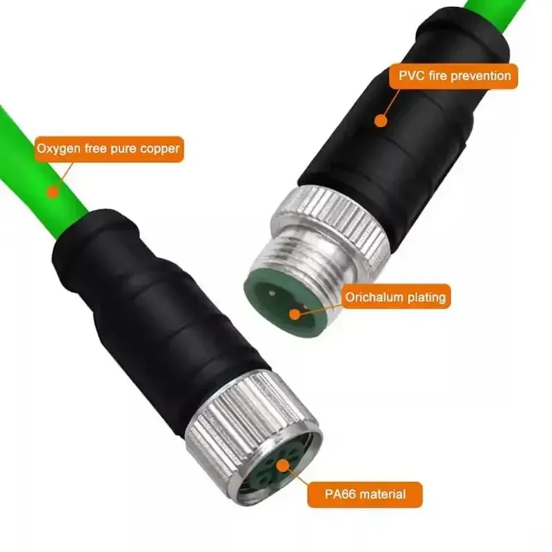 An M12 connector, specifically an 8-pin X-type aviation plug male to female, for industrial Ethernet applications.