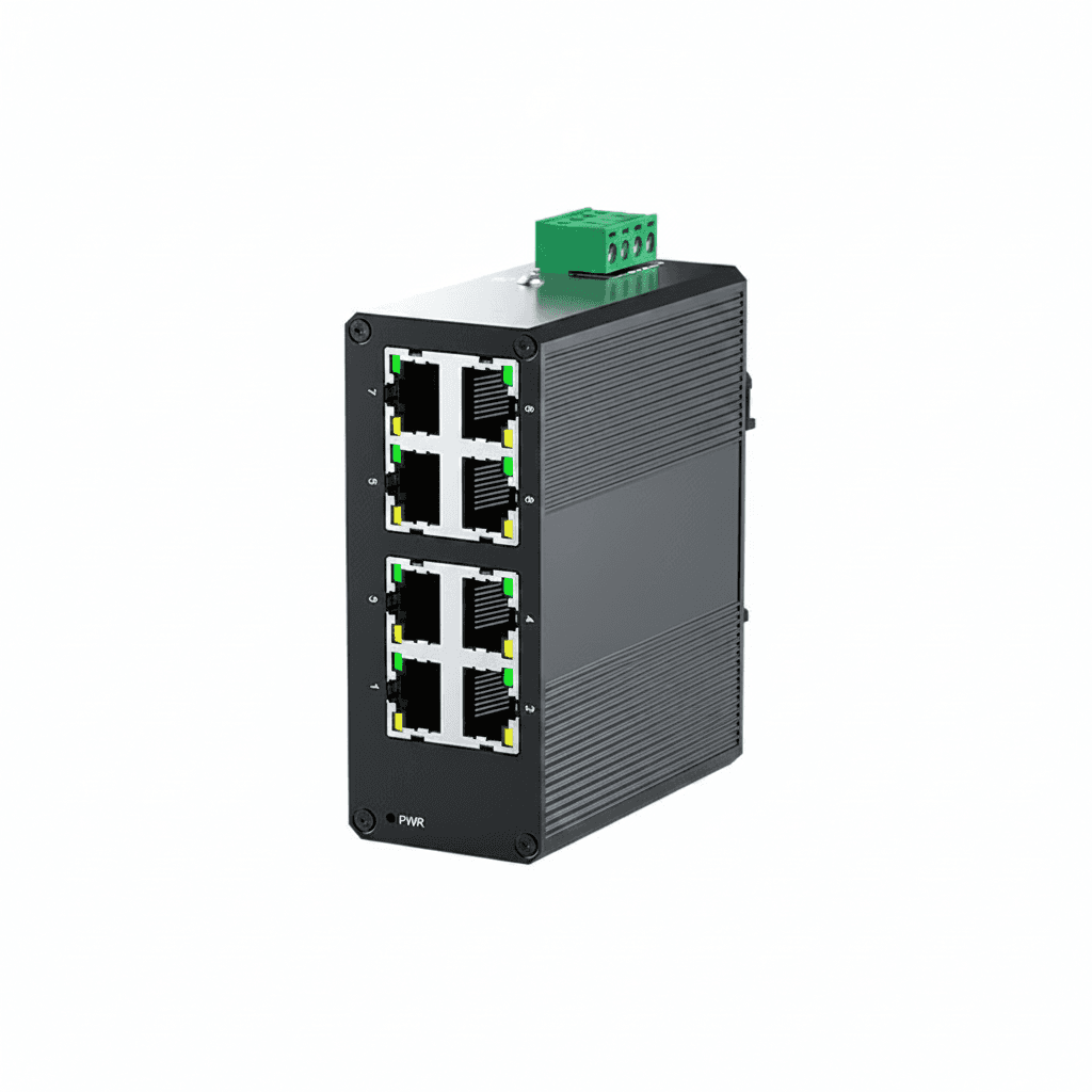 8 Port Gigabit Industrial Network Switch, front view with ports and indicators.