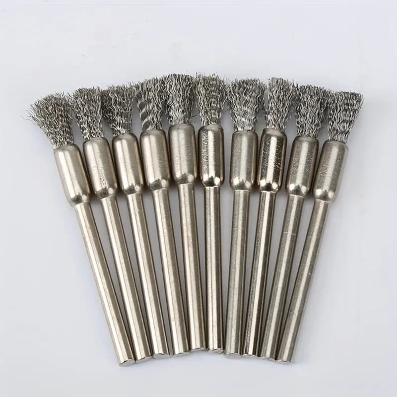 Ten stainless steel wire brushes with 3.17mm handles, perfect for cleaning and rust removal, an alternative to fibre sanding discs.